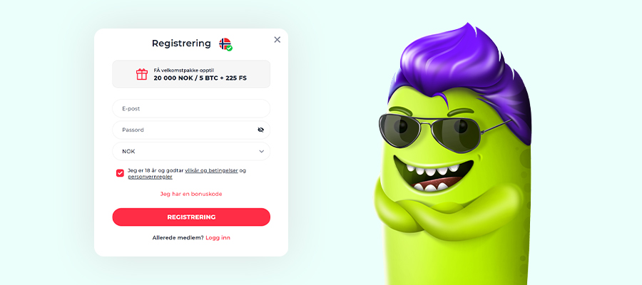 Trinn-for-trinn infografikk for registreringsprosessen i online casino med casino-tematiske illustrasjoner.